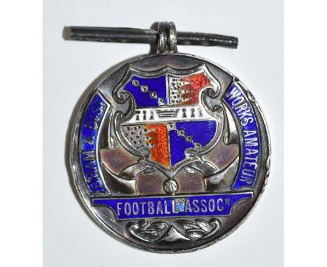 Birmingham &amp; District Works Amateur Football Association hallmarked silver and enamel football medal.&nbsp;