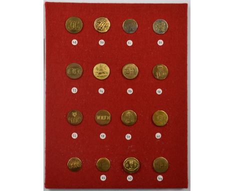 Sixteen vintage hunt/hunting buttons mounted on a felt covered display board comprising Cottesmore, Tedworth, West and North 