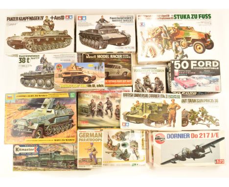 Sixteen Airfix, Tamiya, AMT, Revell and similar model kits including '50 Ford Convertible 3 in 1, Model Racer Corvette Sting 