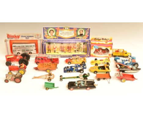 Twenty Corgi, Dinky and similar diecast model vehicles including Batmobile, Batboat, Lunar Buggs, Whizzwheels Adams Drag-Star