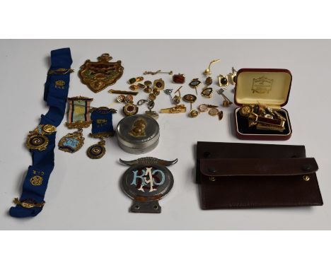 A collection of RAOB and similar medals, cufflinks, badges and ephemera to include vintage car badge and two hallmarked silve