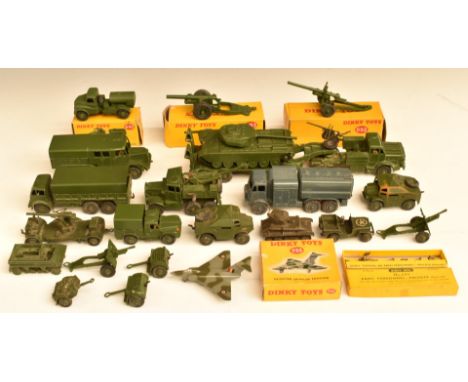 Twenty-three Dinky Toys and Dinky Supertoys diecast model military vehicles and guns including Gloster Javelin Fighter aeropl