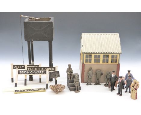 A selection of G scale garden railway accessories comprising signal box, working water tower for live steam locomotives and v