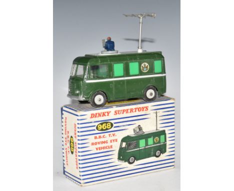 Dinky Supertoys diecast model BBC TV Roving Eye vehicle with green body, grey hubs and rotating cameraman, 968, in original b