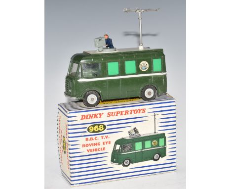 Dinky Supertoys diecast model BBC TV Roving Eye vehicle with green body, grey hubs and rotating cameraman, 968, in original b