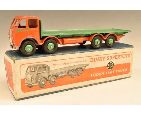 Dinky Supertoys diecast model Foden Flat Truck with orange cab and green bed and hubs, 502, in original box.&nbsp;