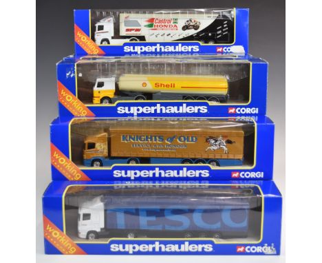 Twenty Corgi Superhaulers 1:64 scale diecast model lorries including Volvo Curtain Side Kit Kat, Scania Curtain Side Macfarla