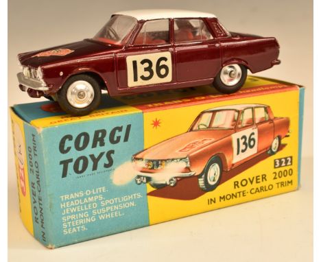 Corgi Toys diecast model Rover 2000 In Monte Carlo Trim with Maroon body, white roof, red interior and 136 Rallye Monte-Carlo