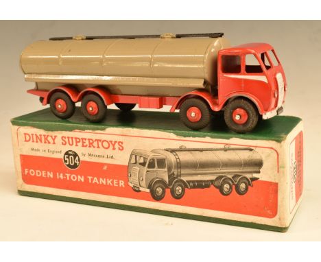 Dinky Supertoys diecast model Foden 14-Ton Tanker with grey tank and red cab and hubs, 504, in original box.&nbsp;
