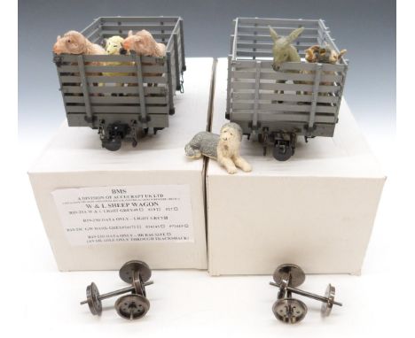 Pair of Accucraft 32mm gauge 16mm scale Welshpool Llanfair open sheep wagons, in original boxes with 45mm wheelsets to conver