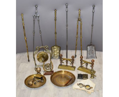 Two sets of Georgian or Victorian fire tools, pair of brass fire dogs, dinner gong and other metalware