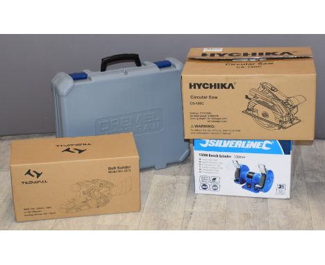 Hychika LS-190C circular saw, Tilswall 5313 belt sander, Silverline 150W bench grinder and Dremel MS20 Moto-Saw
