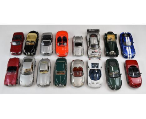 Sixteen Burago and Maisto 1:18 scale die-cast model vehicles to include Mustang Mach III, Ford GT90, Porche Boxster, Mercedes