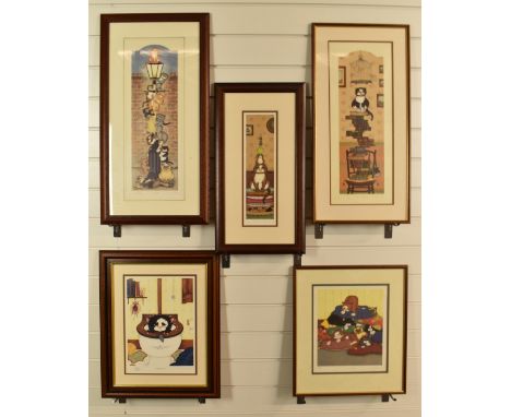 Five Linda Jane Smith signed limited edition novelty cat prints comprising 'Down The Pan' artist's proof with pencil sketch o