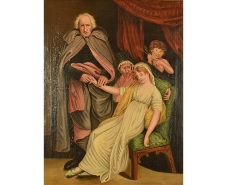 I Miller oil on canvas portrait group, with Cupid or similar behind, signed lower left 66 x 50cm, in gilt frame
