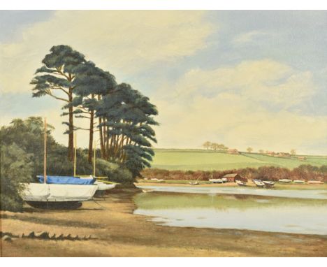 Edward G Moore oil on board coastal seascape 'Roseland, Cornwall', signed lower left, 34 x 44cm, in gilt frame with title ver