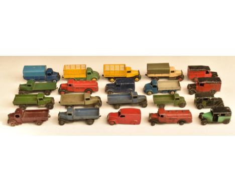 Twenty Dinky Toys diecast model commercial vehicles, vans and lorries including Dodge, Austin, petrol tankers, Royal Mail van