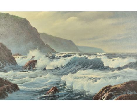 Peter Cosslett (1927-2012) oil on canvas seascape with waves crashing over rocks, signed lower left, 49 x 74cm, in gilt frame