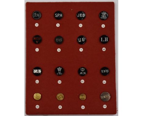 Sixteen vintage hunt/hunting buttons mounted on a felt covered display board, comprising Beaufort, Southpool Harriers, Jed Fo