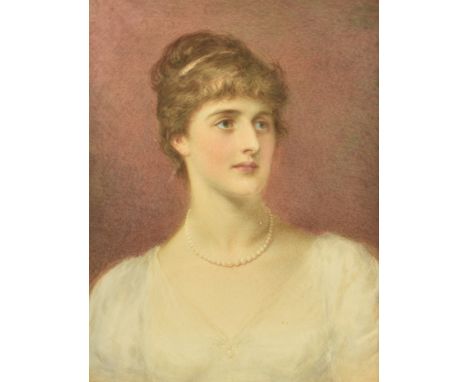Attributed to Edward Tayler (1828-1906) watercolour portrait of a lady wearing a pearl necklace, 42 x 33cm, in ornate period 