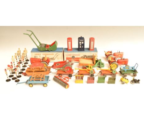 Forty-two Dinky Toys and Dinky Supertoys diecast model agricultural vehicles and accessories including Lawn Mower 751 in orig