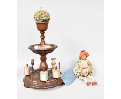 An Early 19th Century Bobbin Stand, a posable doll, etcProvenance: The Selected Contents of Eden Lacy, Lazonby, from the esta