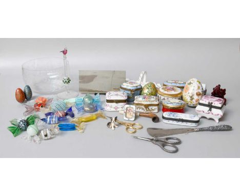Various Decorative Items Including: enamel and porcelain trinket boxes, Italian glass suites, Chinese wooden carvings, etc (t