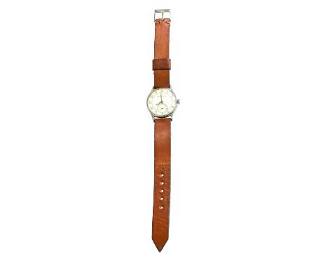 A Chrome Plated Jaeger LeCoultre Wristwatch, manual wound lever movement signed and numbered 524479, silvered dial with Arabi
