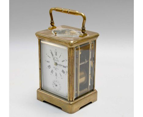 A Brass L'Epee Strike and Repeat Alarm Carriage Clock, twin barrel movement with platform lever escapement and striking on a 