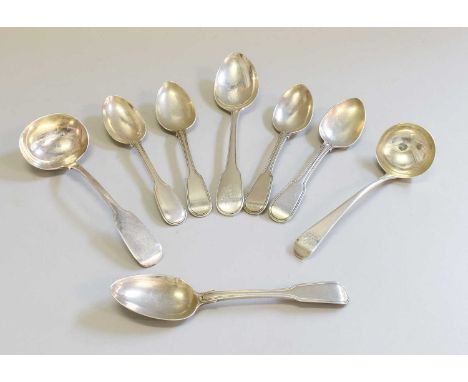 A Collection of George III and Later Silver Flatware, comprising a set of five George III Fiddle Thread pattern dessert-spoon