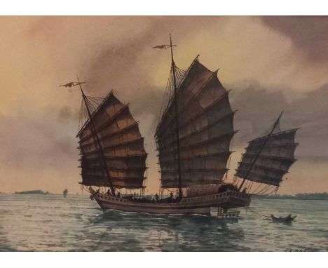 A.B. Ibrahim (b.1925, Malaysian)Two watercolours, of a coastal cottage and a Junk, together with a Chinese mother of pearl in