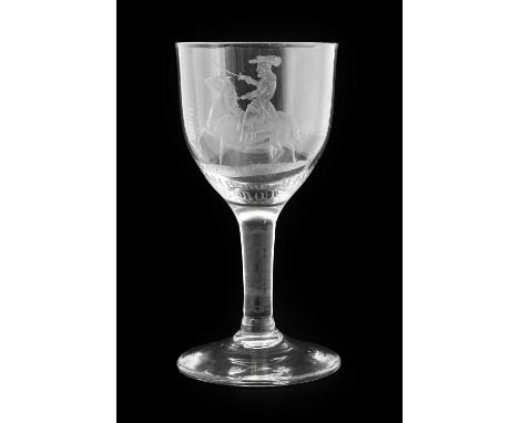 A Glass Goblet, circa 1760, the ovoid bowl engraved with an equestrian portrait and inscribed DUKE-OF-MARLBOROUGH-AT RAMILLIE