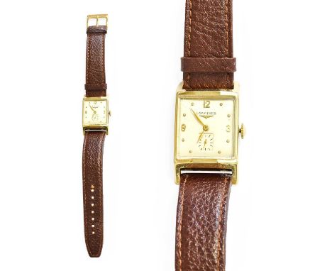 A 10 Carat Gold Filled Rectangular Longines Wristwatch, (calibre 9L) manual wound lever movement signed and numbered 7401114,
