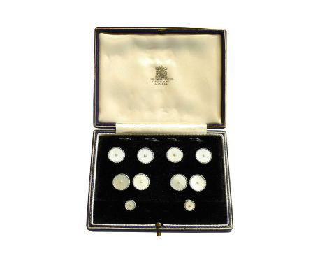 A 9 Carat White Gold Mother-of-Pearl and Seed Pearl Cufflink, Dress Stud and Button Suite, comprising of four buttons, two st