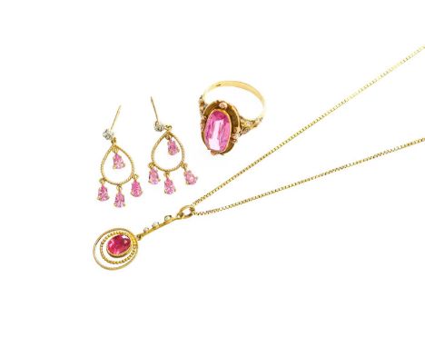 A Synthetic Ruby Ring, stamped '585', finger size O; A Pair of Synthetic Pink Sapphire and Diamond Drop Earrings, stamped '37