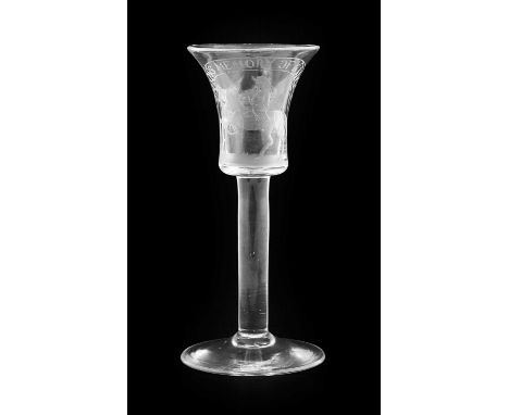 A "Williamite" Wine Glass, the flared bucket bowl engraved in the manner of Franz Tieze with an equestrian portrait inscribed