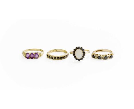 Four Gem-Set Rings, comprising of a 9 carat gold opal and sapphire cluster ring, finger size O; a 9 carat gold sapphire and d