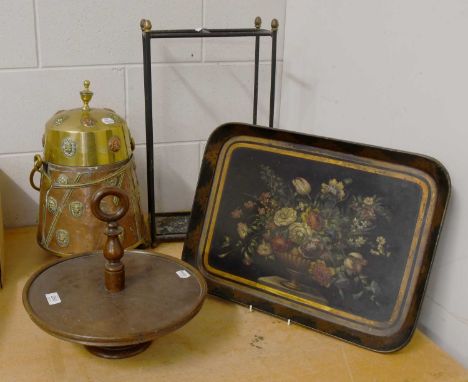 A 19th Century Copper and Brass Coal Bucket, decorated with lion masks, together with A Two Division Stick-Stand, A Victorian