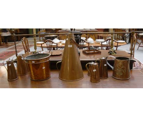 A Group of 19th Century and Later Copper, including an Arts and Crafts twin handled measure, six conical measures of varying 