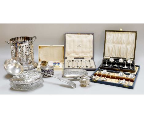 A Collection of Assorted Silver and Silver Plate, the silver including a cigar-case; a silver-mounted glass dressing-table ja