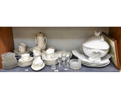 A Shelf Including: large Limoges shell shaped tureen, cover and stand, two Japanese blue and white plates, B &amp; M Decorati