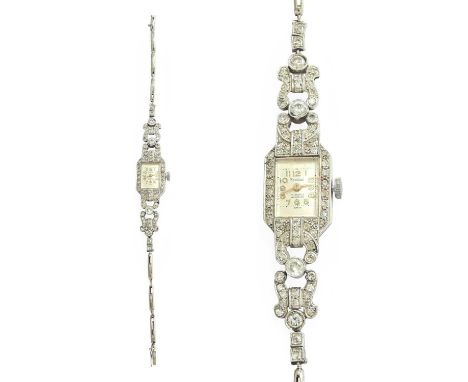 A Lady's Diamond Set Wristwatch, signed Rondine, 1930's, manual wound lever movement, diamond set bezel and lugs, inside case
