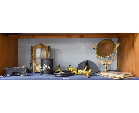 A Papier Mache Box and Cover, together with a similar wall shelf, a champleve free-standing mirror, two bronze putto mounts, 