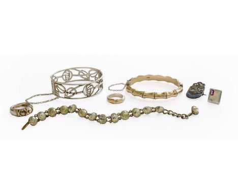 A Small Quantity of Jewellery, including a silver bamboo hinged bangle, inner measurements 5.8cm by 5.0cm; a silver Art Nouve