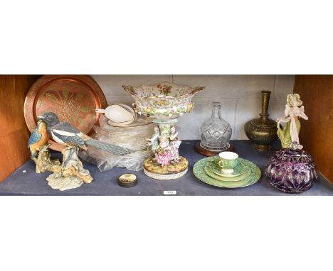 A Group of Decorative Ceramics and Glass, including a 19th century Continental porcelain centrepiece, the fruit painted and a