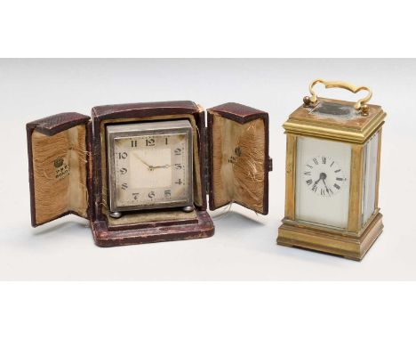 A Small French Brass Carriage Timepiece, 20th Century, single barrel movement with a platform lever escapement, 10cm high ove
