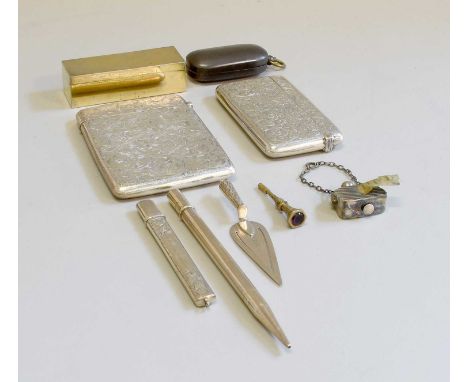 A Collection of Assorted Silver and Other Desk Accessories, comprising a silver-gilt box and cover, 72mm wide; a gun metal do
