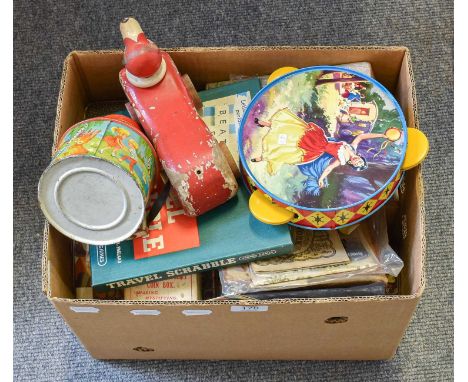 Various Toys and Board Games, include tin pate, tambourine, pull-along Brio Dachshund, etc.