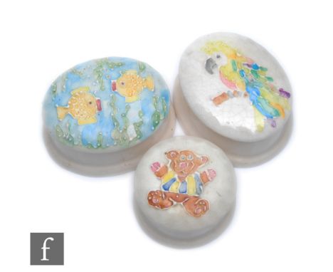 Three later 20th Century Lisa B Moorcroft trinket boxes of varying form, one tubelined with fish, another a teddy bear and th