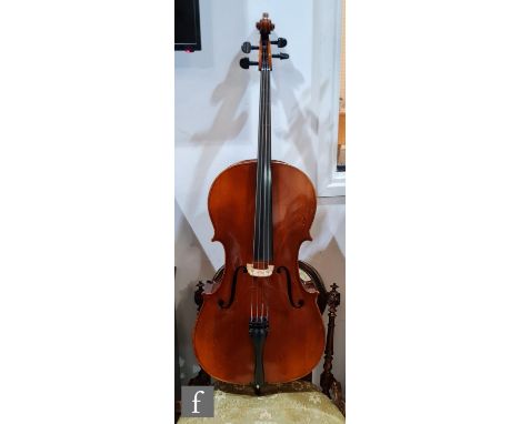 A 20th Century cello, after Stradivarius, bears label Karl Meisel made in West Germany, serial no 40176, in black zip case, l